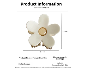 Detailed view of a white flower claw clip measuring 6.3cm with a gold metal base