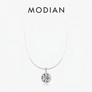Minimalist Round Cubic Zirconia Pendant Necklace 925 Sterling Silver Snake Bone Chain Bezel Set Jewelry For Women