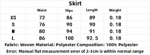 Size chart for the woven polyester A-line midi skirt with waist and hip measurements