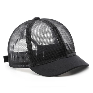 Breathable black mesh baseball cap with short brim for outdoor sports and sun protection