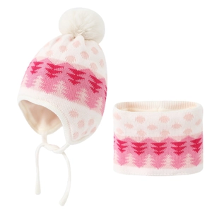 Kinder Winter Strickmütze und Schal Set mit Baum-Jacquard und Fleece-Futter in Rosa-Weiß