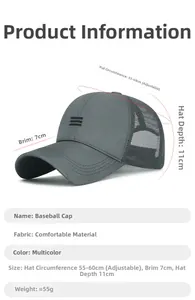 Size chart for breathable quick-dry mesh baseball cap with detailed measurements
