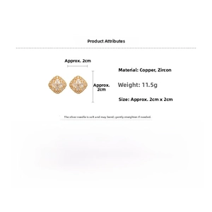 Detail view showing 2cm flower-shaped zircon earrings with gold plating and silver needles
