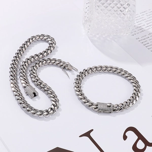 Polished silver cuban link chain set with sparkling diamond square clasp necklace and bracelet