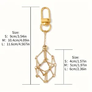 Size guide for gold geometric cage keychain pendant with dimensions in S, M, and L sizes