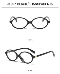 Detailed front and 45-degree side view of oval black frames with gold rivet accents