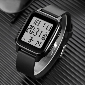 Black digital sports watch for teenagers with rectangular dial and silicone strap