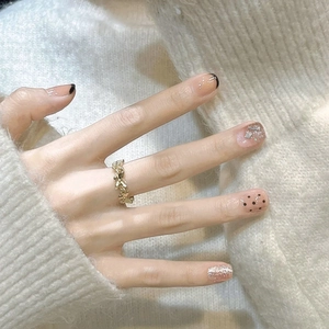 Handmade Press On Nails French Black Tip Polka Dots Silver Glitter Rhinestone Sweet Chic Pink ABS False Nails For Women