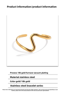 Detailed specs of minimalist 18K gold plated stainless steel wavy open bangle