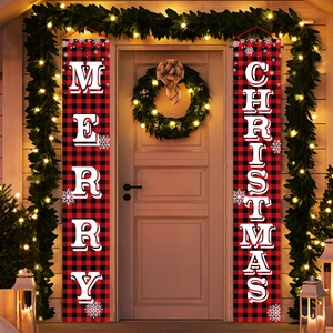 Bannières de Noël à carreaux rouges et noirs pour une décoration festive de porte d'entrée