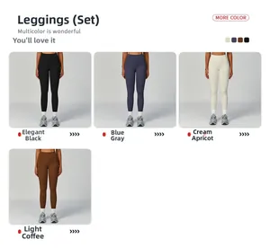 Collage détaillé de leggings de yoga taille haute en noir, gris-bleu, crème et café clair