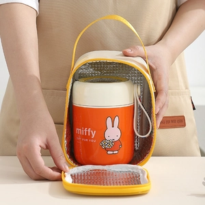 Orange Miffy 304 stainless steel thermal soup cup with yellow insulated carrying bag