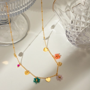 18k gold stainless steel necklace with colorful glass flower beads and heart charms