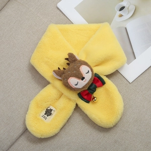 Soft faux rabbit fur yellow kids scarf featuring a cute plush deer and golden bell