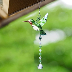 Hummingbird suncatcher with colorful glass body and faceted crystal prism ball