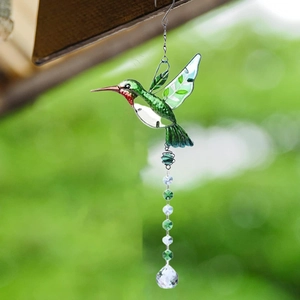 Hummingbird suncatcher with colorful glass body and faceted crystal prism ball