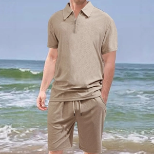 Men's summer khaki waffle knit two-piece set with quarter-zip polo shirt and shorts
