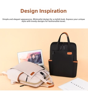 Detail view of large capacity canvas backpacks in black and beige with leather accents