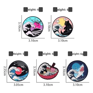 Cartoon enamel lapel pins with Great Wave motifs featuring black cats and ramen bowls