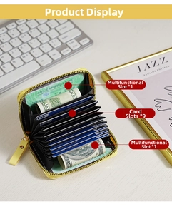 Internal view of a yellow leather accordion card holder with 9 slots and a metal zipper