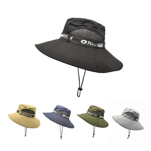 Men Outdoor Bucket Hat Breathable Mesh Wide Brim Sun Protection Adjustable Windproof Rope Polyester Fishing Hiking