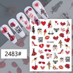 Valentine style nail stickers with red roses, hearts and fashion motifs on nail tips