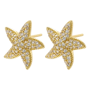Sparkling gold starfish stud earrings featuring micro-pave white cubic zirconia crystals