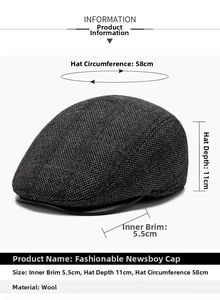 Detailed size chart for plaid flat cap showing 58cm circumference and woolen fabric details