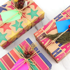 Colorful Birthday Happy Kraft Gift Wrapping Box Set with Twine and Pinecones Decorations