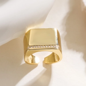 Minimalist 18K gold plated rectangular signet ring with cubic zirconia accents