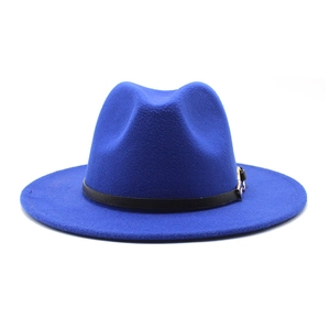 Royal blue wool felt fedora hat featuring a thin black leather band with a gold buckle