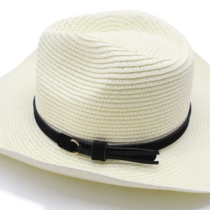 Breathable summer straw sun hat with black band and gold ring buckle on white background
