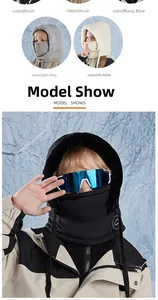 Detailed close-up of winter hooded face mask colors and outdoor protective features