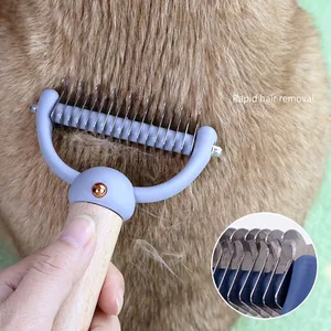 Dual-sided pet de-shedding tool with stainless steel blades and a beech wood handle