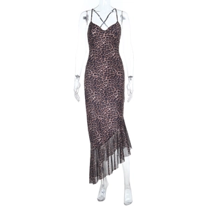 Detail of sexy leopard print backless dress with ruffled hem and cross straps