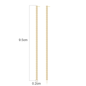 Detail showing dimensions of long gold tassel earrings with square zircon crystals
