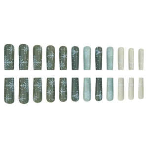 Long square green gradient press-on nails with white Christmas snowflake patterns