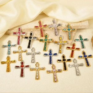 Minimalist 304 stainless steel cross pendants with colorful rhinestones in gold and silver