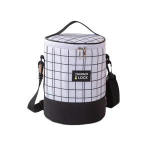 Insulated cylindrical lunch bag with black and white grid pattern and shoulder strap