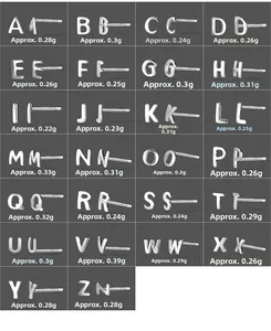 Detailed grid of S999 silver alphabet earrings from A to Z with weight specifications