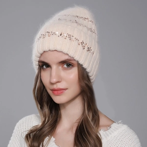 Women's beige sequined knit beanie with fluffy rabbit fur texture for winter warmth