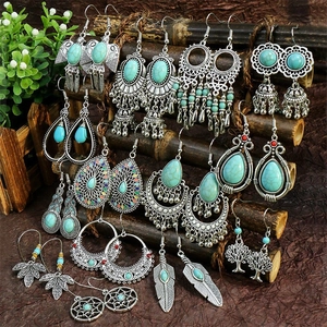Bohemian retro turquoise teardrop earrings collection with vintage silver finish and bells