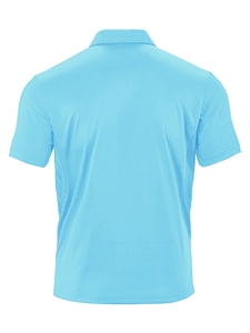 Back view of a sky blue short-sleeve polo shirt for men on a professional 3D mannequin