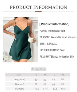 Guide des tailles détaillé pour nuisette en satin vert foncé avec dos nu sexy