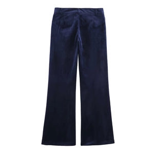 Back view of high-gloss navy blue velvet wide-leg trousers with waist buckle detail
