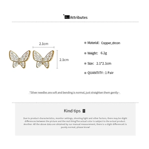 Detail showing gold-plated butterfly earrings with zircon stones and dimensions