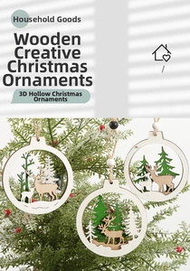 Detail of hollowed wood Christmas ornaments featuring elk and pine tree designs