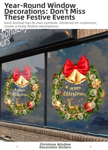 Close-up of Merry Christmas window sticker with green pine wreath and red bow on glass