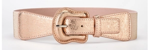 Detail of champagne gold elastic waist belt with textured faux leather and metal buckle