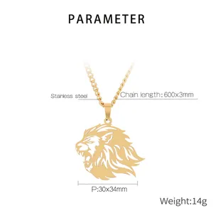 Löwenkopf-Anhänger aus goldenem Edelstahl mit Kordelkette und präzisen Maßen